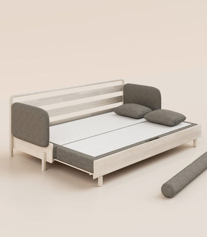 Canapé-lit Tissu Gris-Bois clair-Accoudoirs en tissu